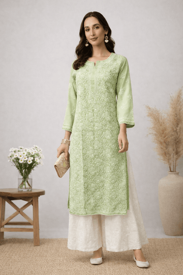 Asra – Pista Full Jaal Chikankari Kurta with Inner - Lucknow Threads