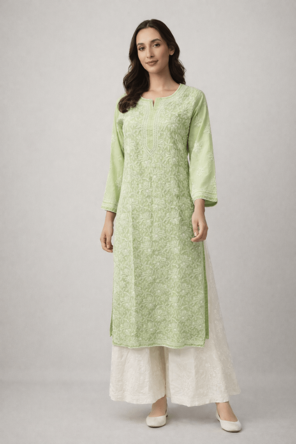 Asra – Pista Full Jaal Chikankari Kurta with Inner - Lucknow Threads