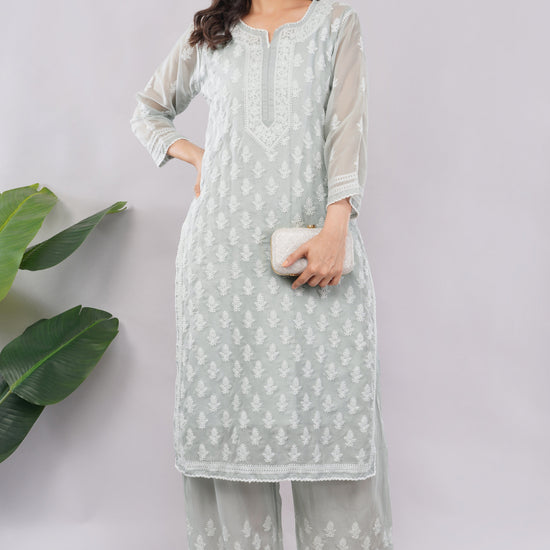 Asra Soft Grey Shadow Work Chikankari Coord Set with Inner - Lucknow Threads