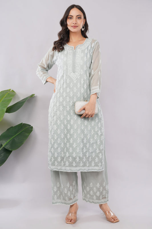 Asra Soft Grey Shadow Work Chikankari Coord Set with Inner - Lucknow Threads