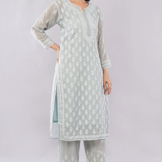 Asra Soft Grey Shadow Work Chikankari Coord Set with Inner - Lucknow Threads