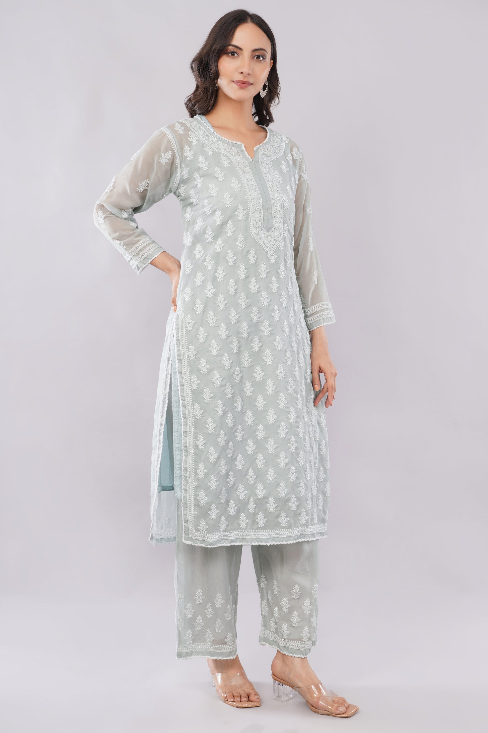 Asra Soft Grey Shadow Work Chikankari Coord Set with Inner - Lucknow Threads