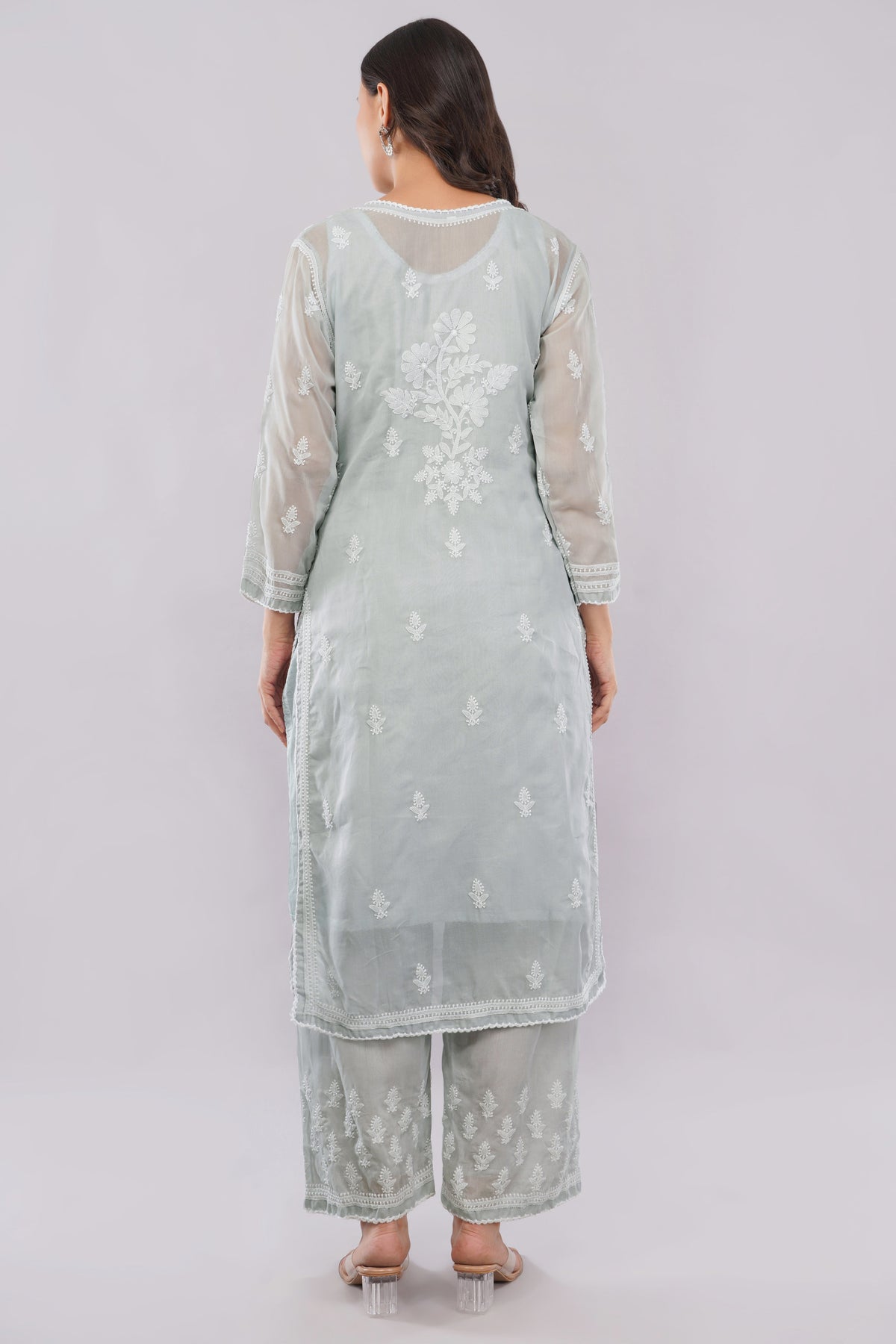 Asra Soft Grey Shadow Work Chikankari Coord Set with Inner - Lucknow Threads