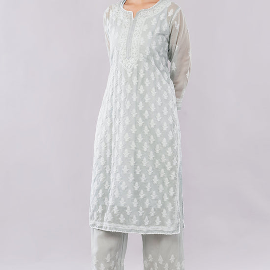 Asra Soft Grey Shadow Work Chikankari Coord Set with Inner - Lucknow Threads