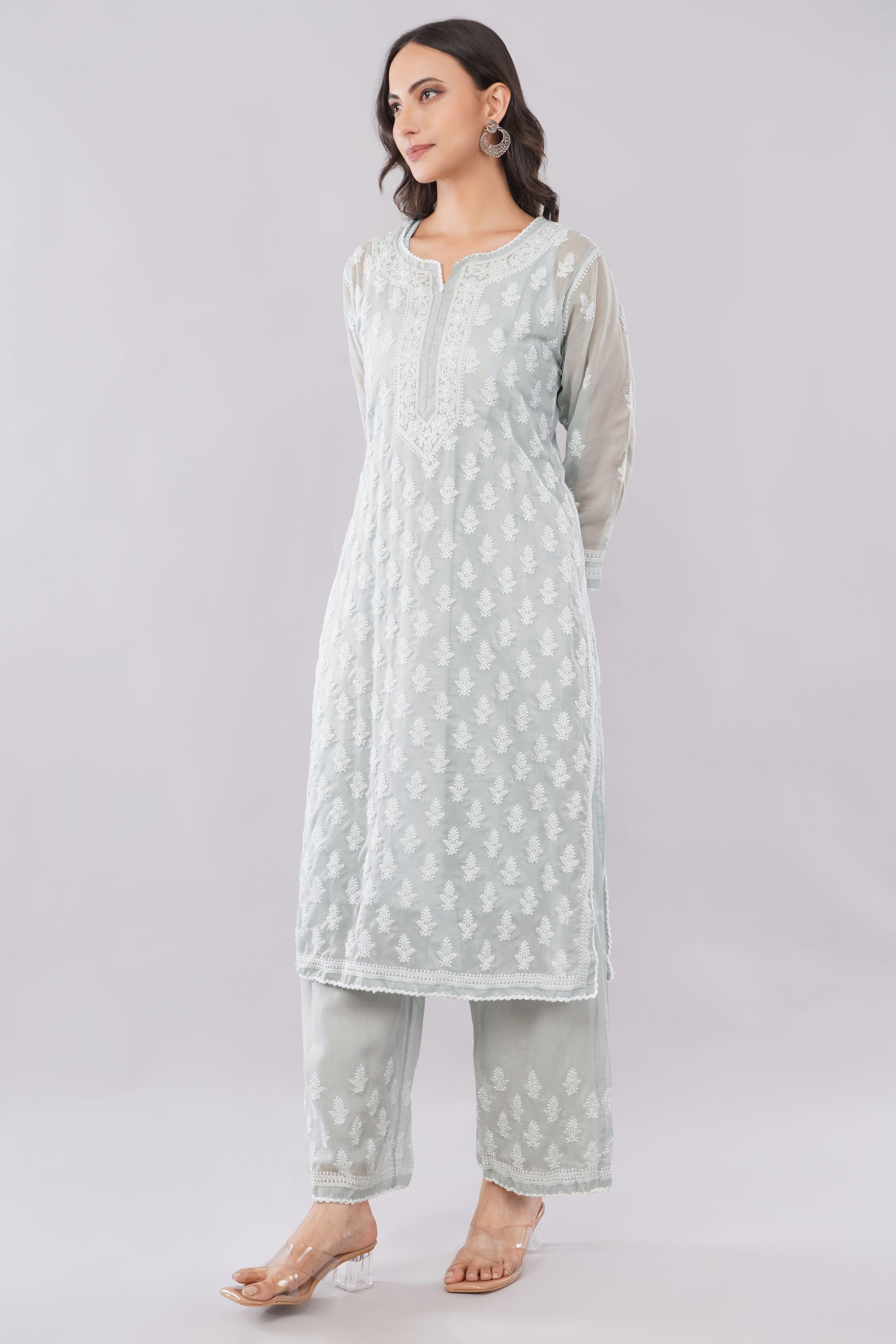 Asra Soft Grey Shadow Work Chikankari Coord Set with Inner - Lucknow Threads