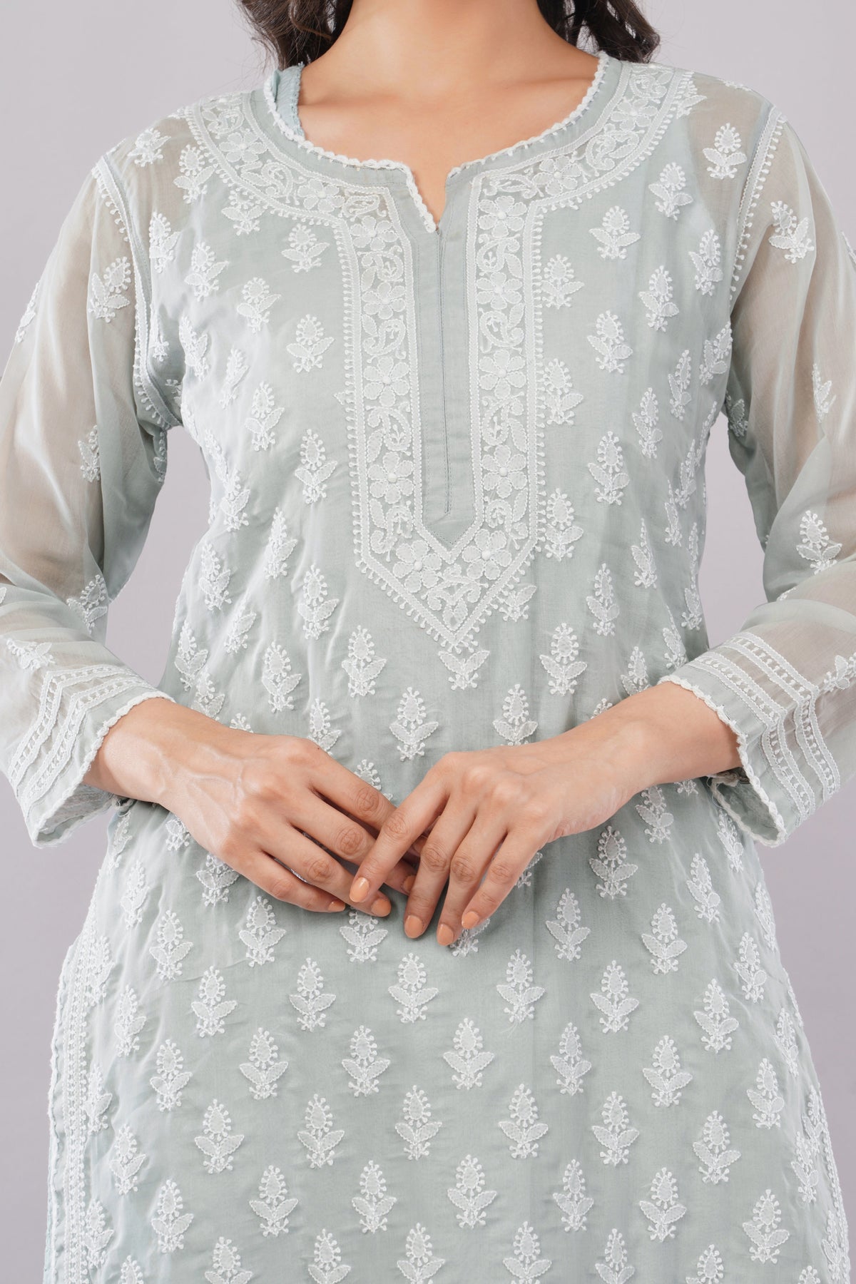 Asra Soft Grey Shadow Work Chikankari Coord Set with Inner - Lucknow Threads