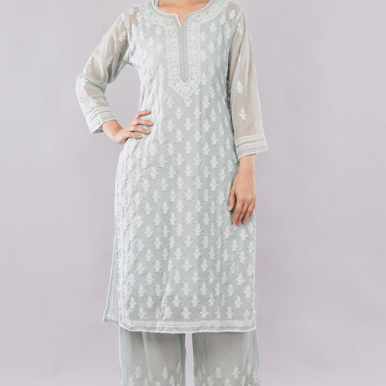 Asra Soft Grey Shadow Work Chikankari Coord Set with Inner - Lucknow Threads
