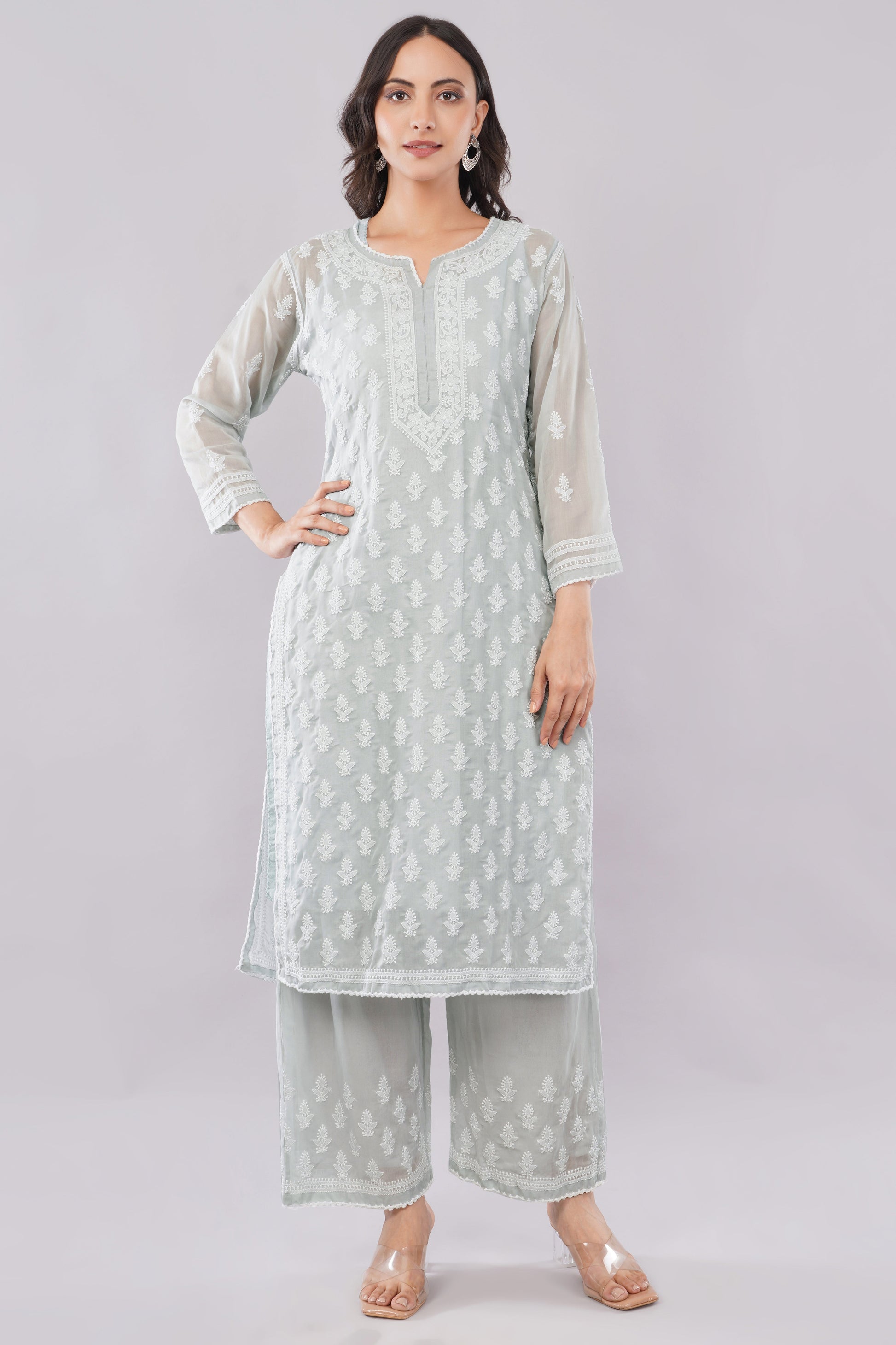 Asra Soft Grey Shadow Work Chikankari Coord Set with Inner - Lucknow Threads