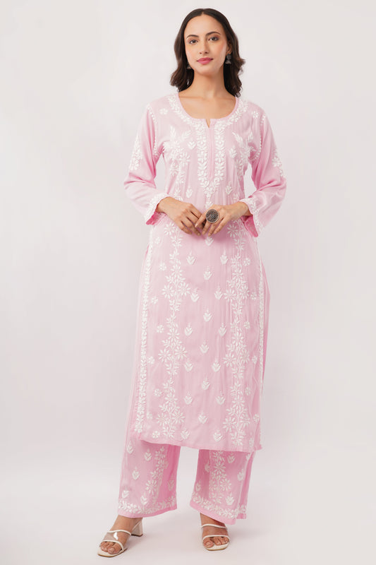 Ayat - Pink Rayon Chikankari Co - ord Set - Lucknow Threads