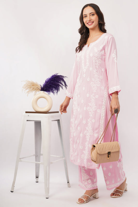 Ayat - Pink Rayon Chikankari Co - ord Set - Lucknow Threads