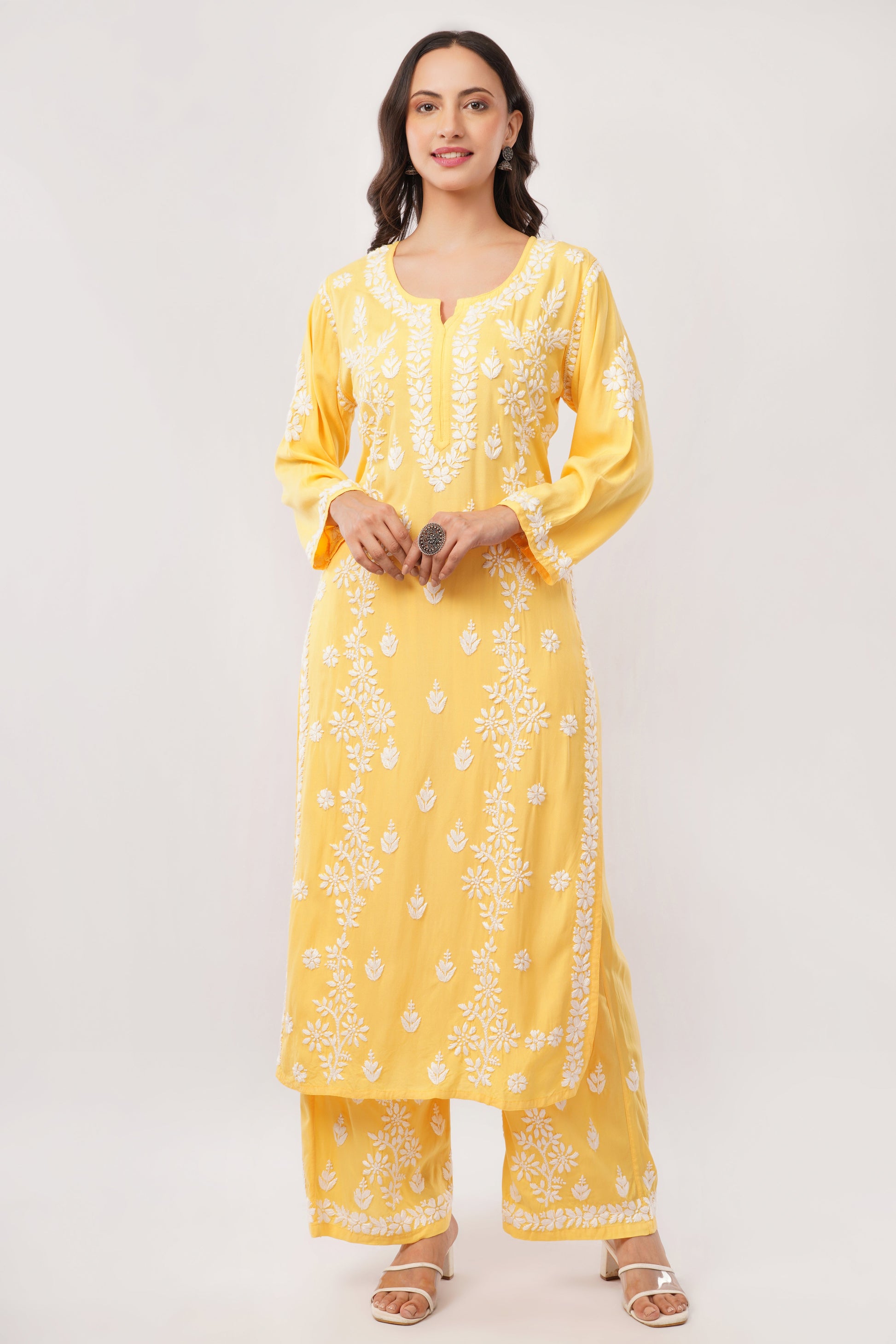 Ayat - Yellow Rayon Chikankari Co - ord Set - Lucknow Threads