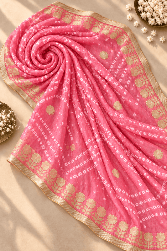 Bandhej Art Silk Dupatta with Gold Border - Lucknow Threads