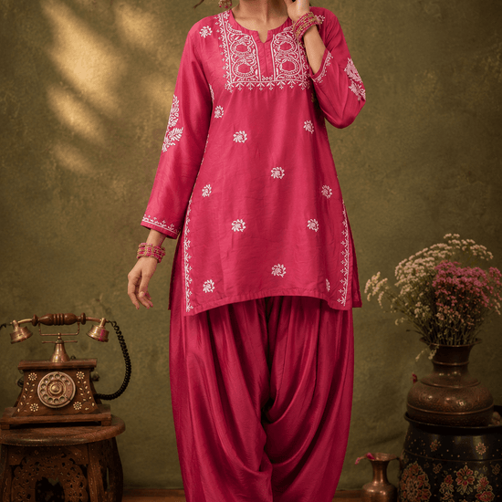 Geet Berry Pink Chanderi - silk Chikankari Farshi Coord Set - Lucknow Threads
