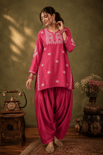 Geet Berry Pink Chanderi - silk Chikankari Farshi Coord Set - Lucknow Threads