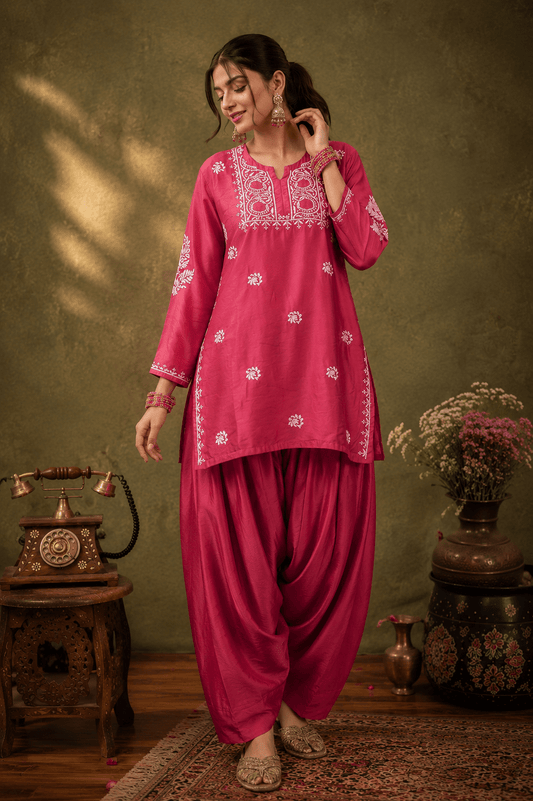 Geet Berry Pink Chanderi - silk Chikankari Farshi Coord Set - Lucknow Threads