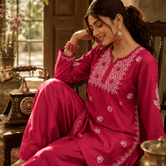 Geet Berry Pink Chanderi - silk Chikankari Farshi Coord Set - Lucknow Threads