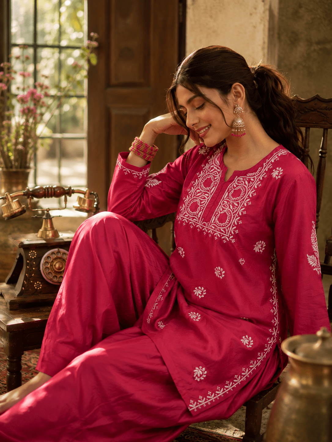 Geet Berry Pink Chanderi - silk Chikankari Farshi Coord Set - Lucknow Threads
