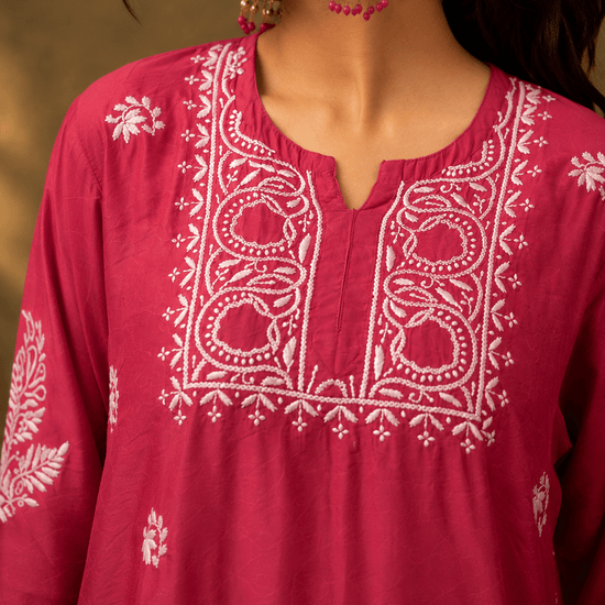 Geet Berry Pink Chanderi - silk Chikankari Farshi Coord Set - Lucknow Threads