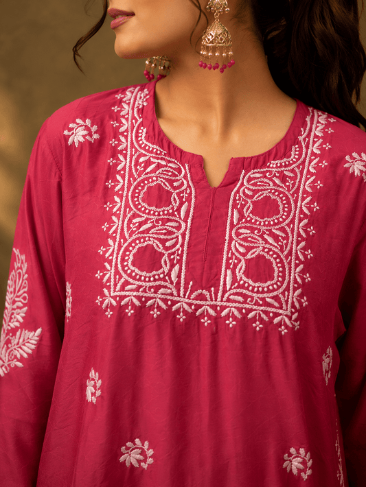 Geet Berry Pink Chanderi - silk Chikankari Farshi Coord Set - Lucknow Threads