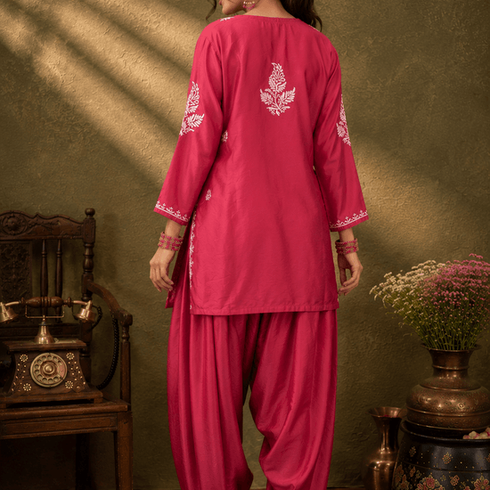 Geet Berry Pink Chanderi - silk Chikankari Farshi Coord Set - Lucknow Threads