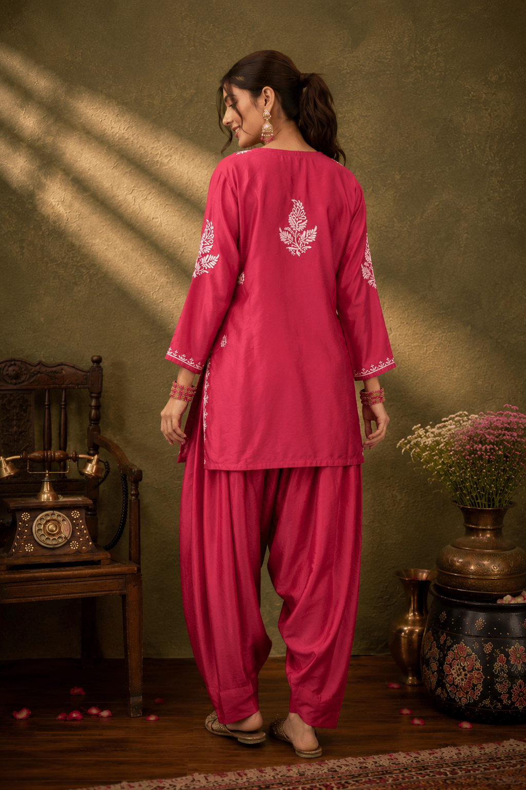 Geet Berry Pink Chanderi - silk Chikankari Farshi Coord Set - Lucknow Threads