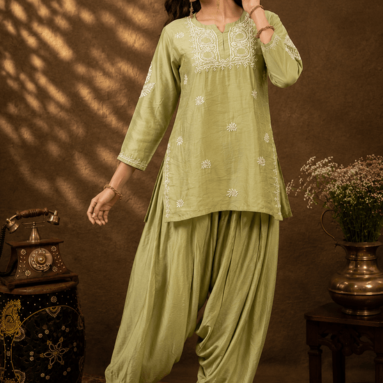 Geet Olive - Mist Chanderi - silk Chikankari Farshi Coord Set - Lucknow Threads