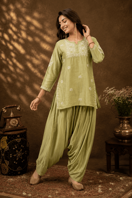 Geet Olive - Mist Chanderi - silk Chikankari Farshi Coord Set - Lucknow Threads