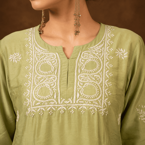 Geet Olive - Mist Chanderi - silk Chikankari Farshi Coord Set - Lucknow Threads