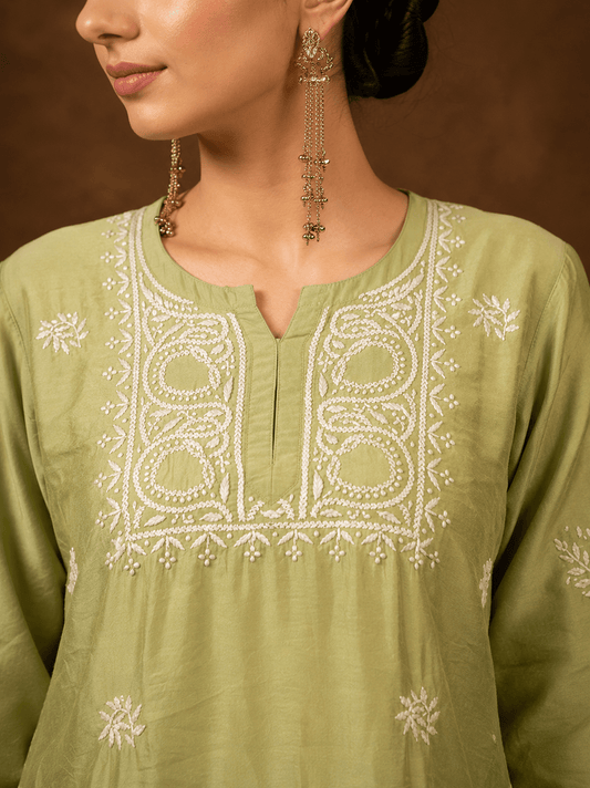 Geet Olive - Mist Chanderi - silk Chikankari Farshi Coord Set - Lucknow Threads