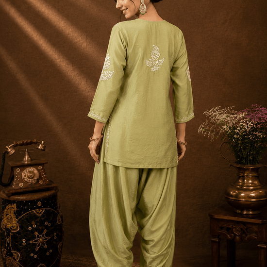 Geet Olive - Mist Chanderi - silk Chikankari Farshi Coord Set - Lucknow Threads