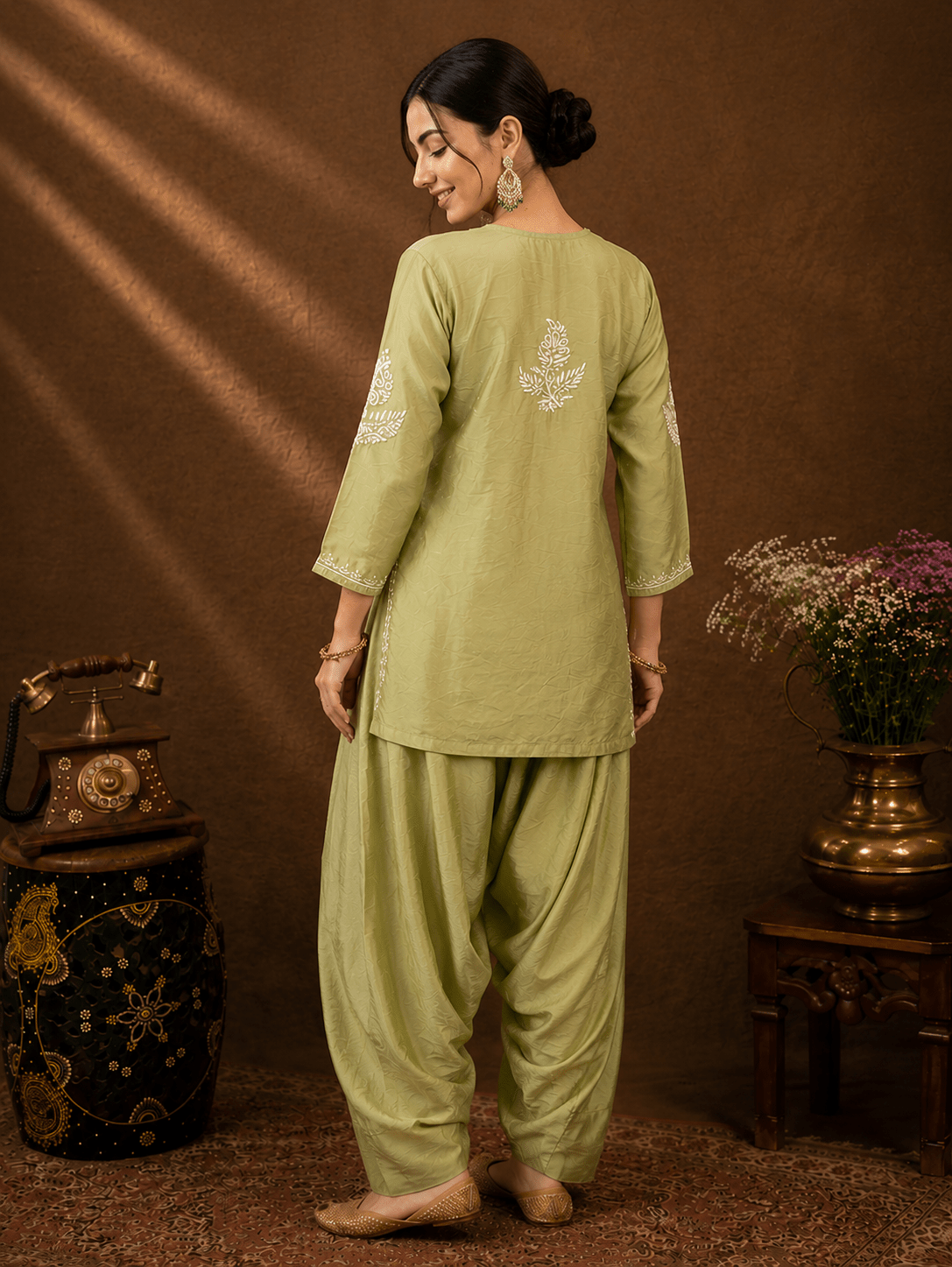 Geet Olive - Mist Chanderi - silk Chikankari Farshi Coord Set - Lucknow Threads