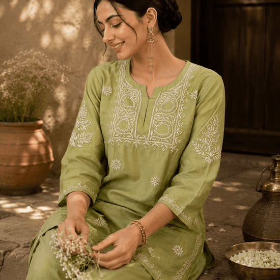 Geet Olive - Mist Chanderi - silk Chikankari Farshi Coord Set - Lucknow Threads