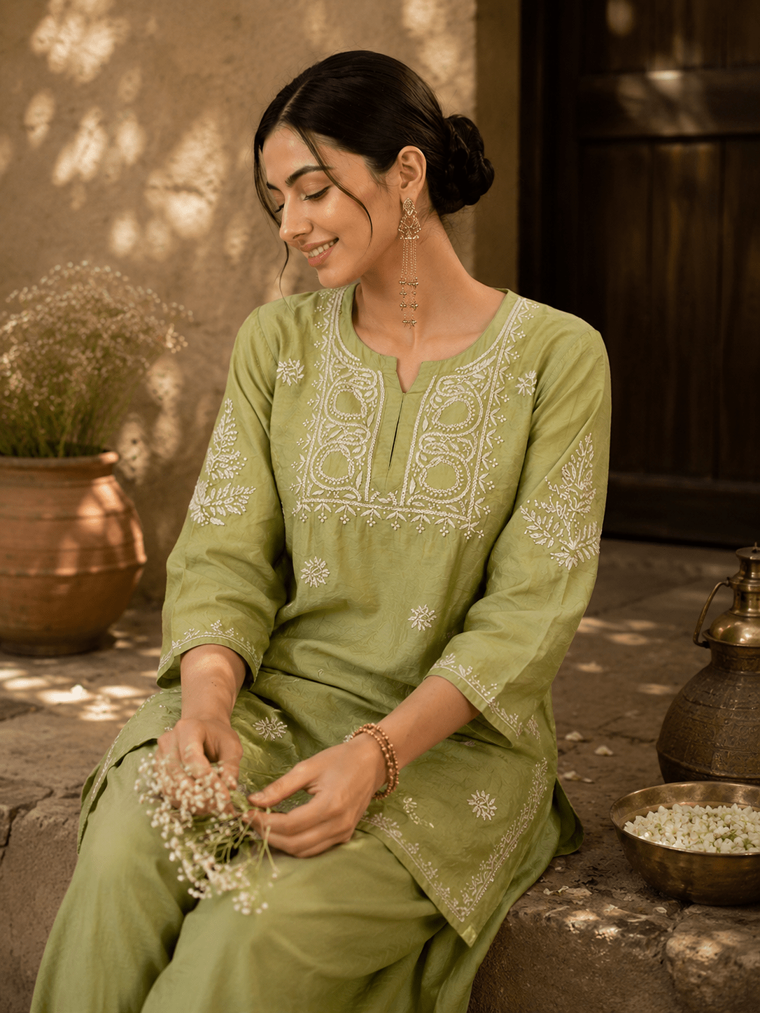 Geet Olive - Mist Chanderi - silk Chikankari Farshi Coord Set - Lucknow Threads