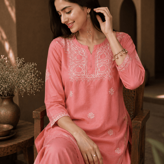 Geet Peach - Blush Chanderi - silk Chikankari Farshi Coord Set (Copy) - Lucknow Threads