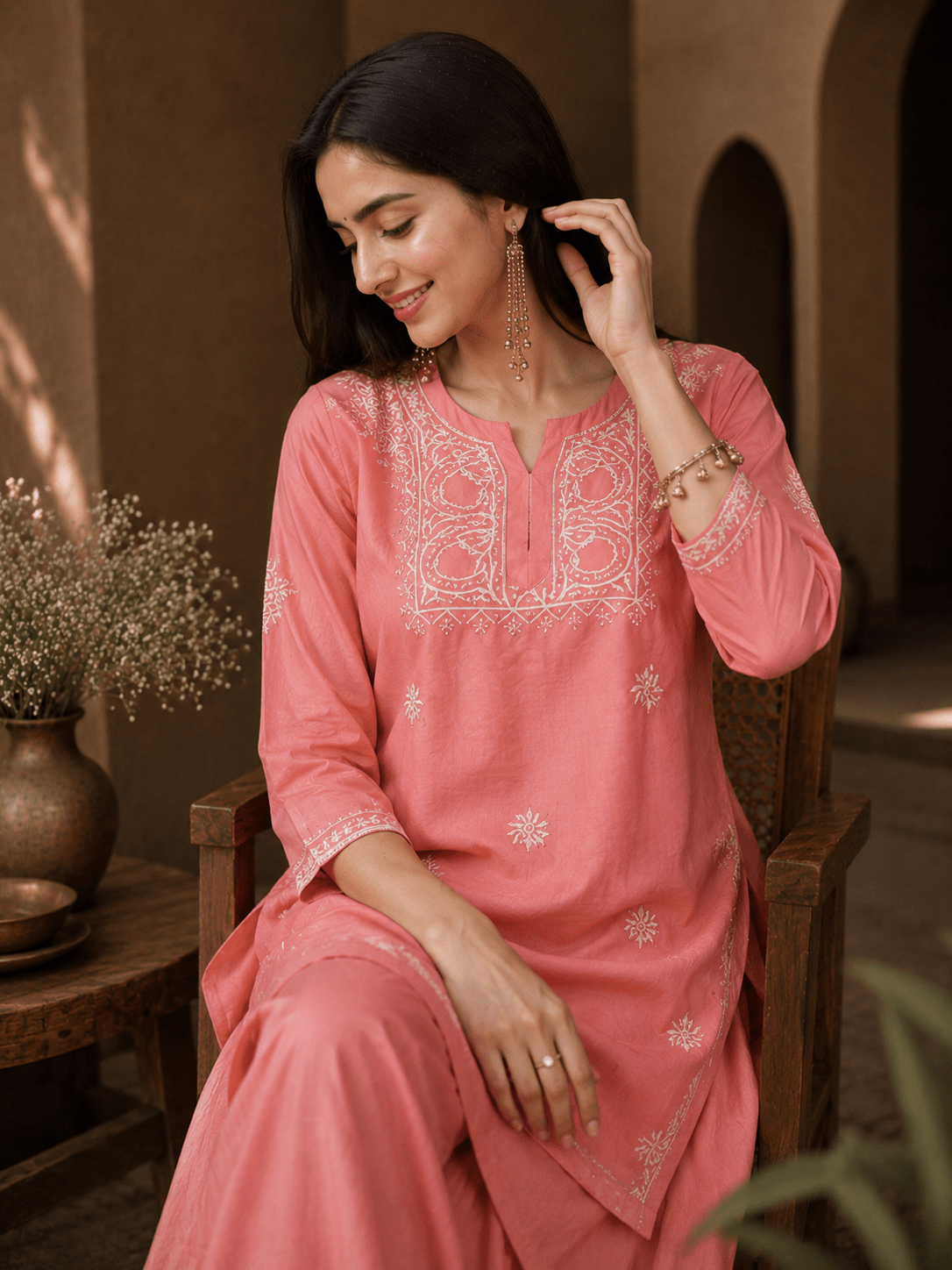 Geet Peach - Blush Chanderi - silk Chikankari Farshi Coord Set (Copy) - Lucknow Threads