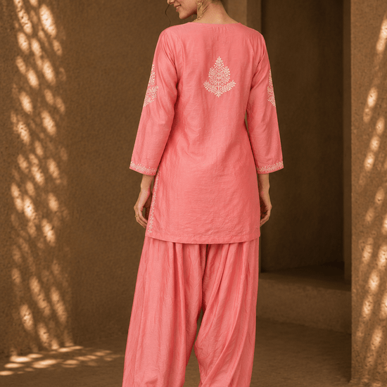 Geet Peach - Blush Chanderi - silk Chikankari Farshi Coord Set (Copy) - Lucknow Threads