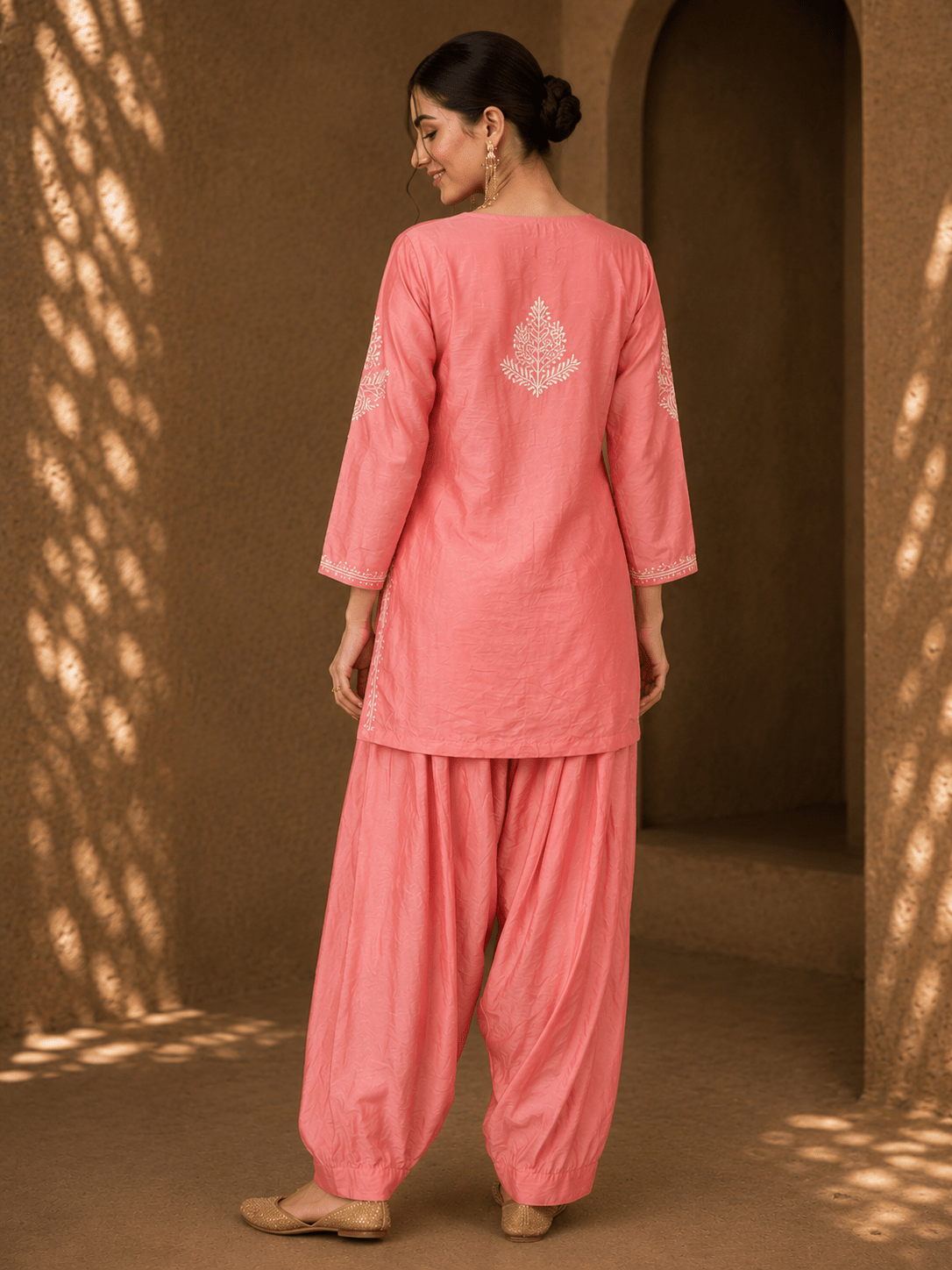 Geet Peach - Blush Chanderi - silk Chikankari Farshi Coord Set (Copy) - Lucknow Threads