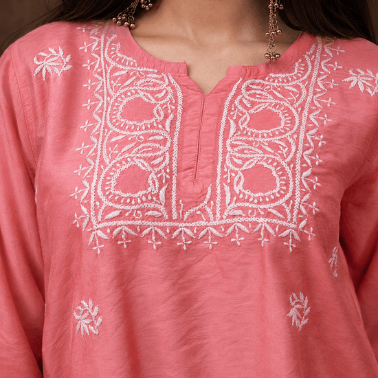 Geet Peach - Blush Chanderi - silk Chikankari Farshi Coord Set (Copy) - Lucknow Threads