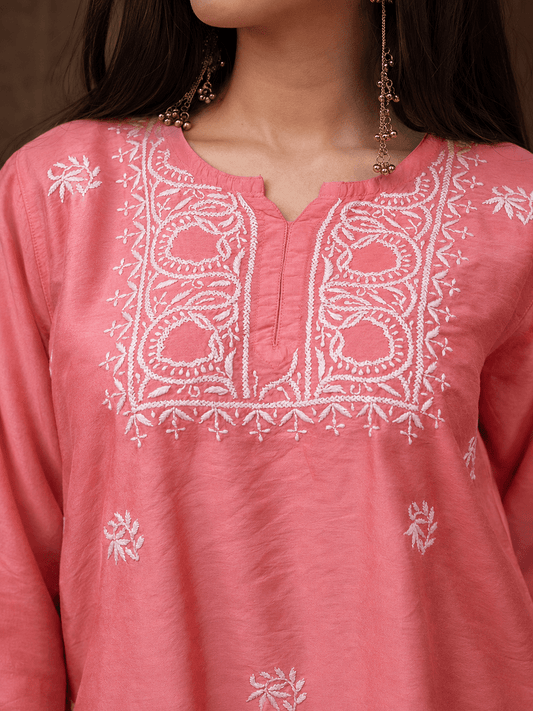 Geet Peach - Blush Chanderi - silk Chikankari Farshi Coord Set (Copy) - Lucknow Threads