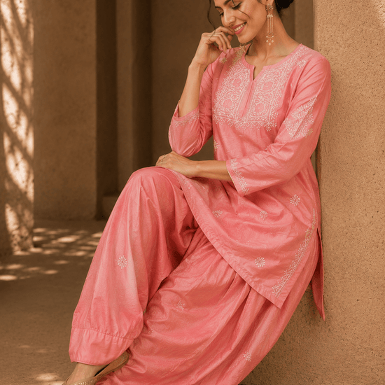Geet Peach - Blush Chanderi - silk Chikankari Farshi Coord Set (Copy) - Lucknow Threads