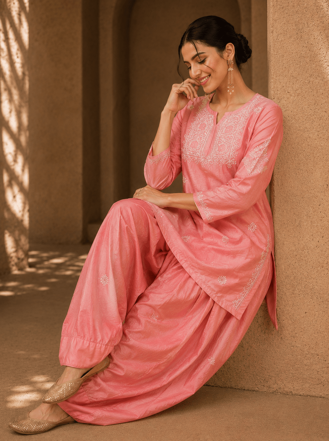 Geet Peach - Blush Chanderi - silk Chikankari Farshi Coord Set (Copy) - Lucknow Threads