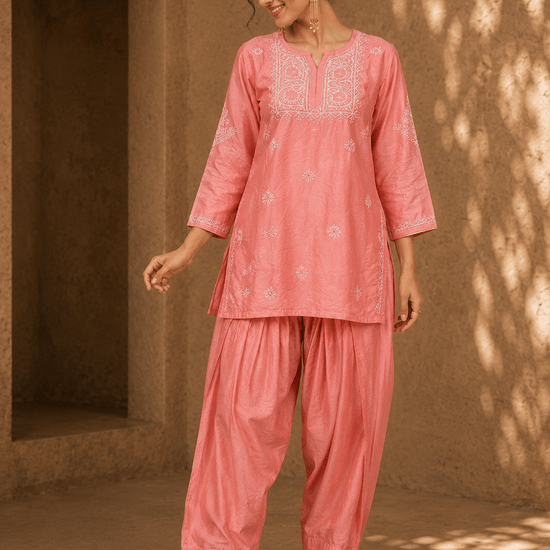 Geet Peach - Blush Chanderi - silk Chikankari Farshi Coord Set (Copy) - Lucknow Threads