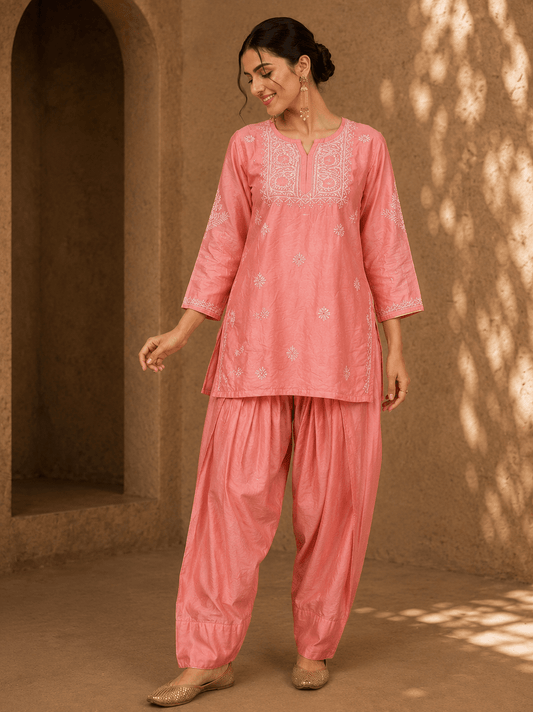 Geet Peach - Blush Chanderi - silk Chikankari Farshi Coord Set (Copy) - Lucknow Threads