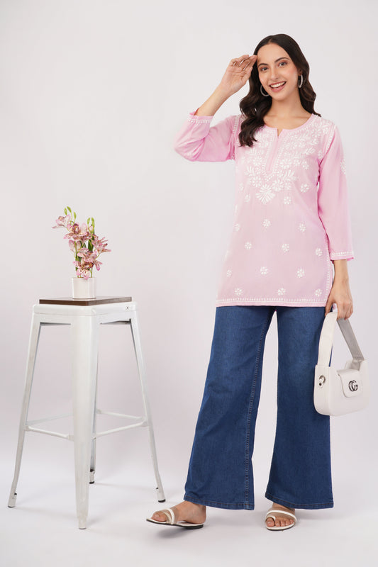 Inaya Chikankari Short Kurti – Blush Pink - Lucknow Threads