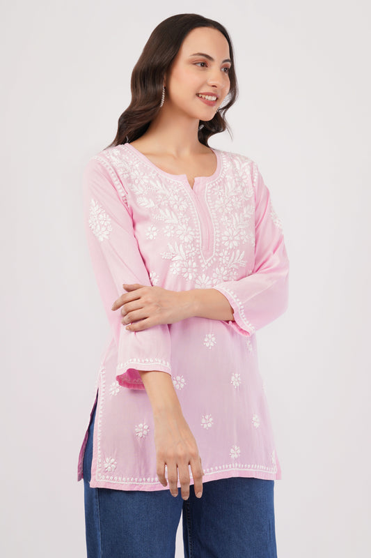 Inaya Chikankari Short Kurti – Blush Pink - Lucknow Threads