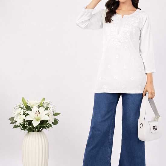 Inaya Chikankari Short Kurti – Ivory White - Lucknow Threads
