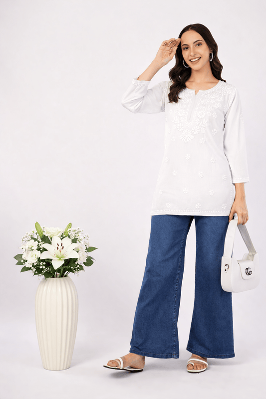 Inaya Chikankari Short Kurti – Ivory White - Lucknow Threads