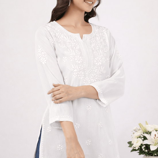 Inaya Chikankari Short Kurti – Ivory White - Lucknow Threads