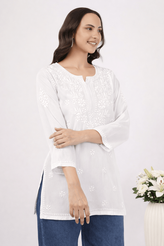 Inaya Chikankari Short Kurti – Ivory White - Lucknow Threads