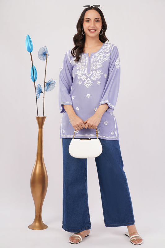 Inaya Chikankari Short Kurti – Lavender Mist - Lucknow Threads